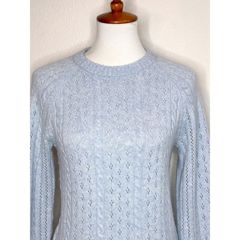 SUNDAY BEST Pointelle Merino Wool Blend Crew Neck Sweater XS Lt Blue Pastel - Picture 2 of 9